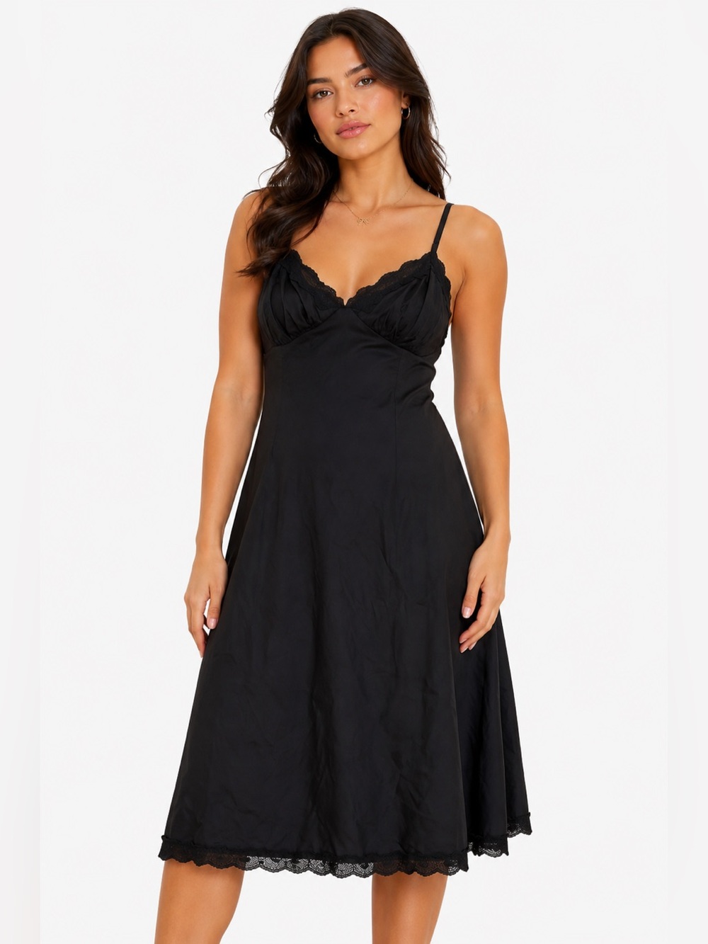 70s/80s Vintage Carol Brent Silky Embroidered Floral Slip Dress Black Size M/36
